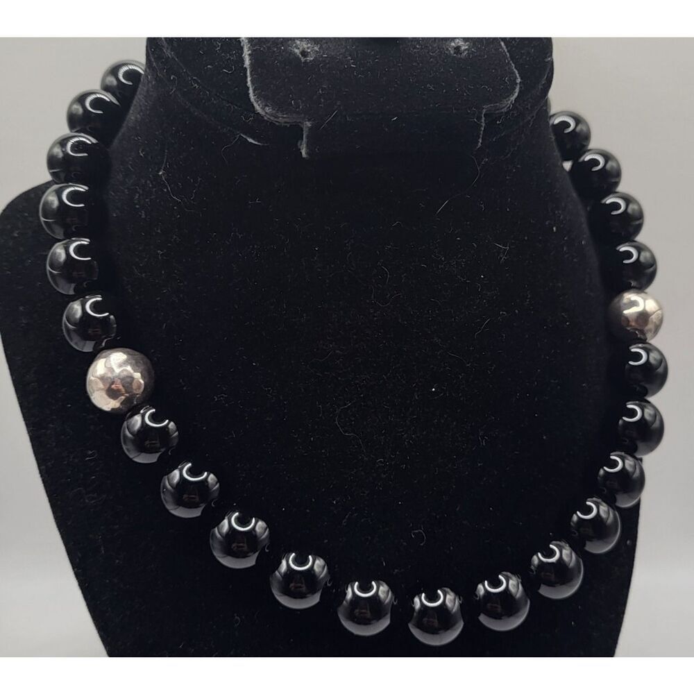 Vintage Estate Chunky Black Onyx Glass Sterling Silver Necklace 17.5in